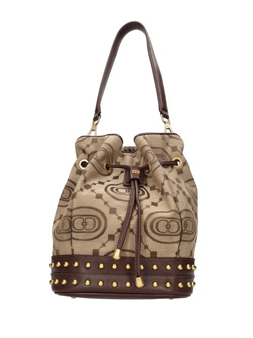 Leather and fabric bucket bag LA CARRIE | MONOGRAM GINGER BUCKET JACQUARDBEIGE-MARRONE SCURO